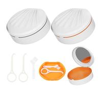 Dzmuero Retainer Case, Denture Box, 2 PCS Portable Denture Box with Mirror, Two Story Storage, with 2 Aligner Removal Tool for Braces Or Dentures Cleaning, Storage for Travel (White)
