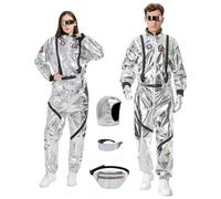 Dzorim Adult Astronaut Jumpsuit Costume for Men Women Silver Spaceman Cosplay Space Uniform Suit Outfit for Halloween Carnival