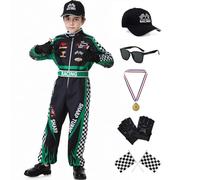 Dzorim Racing Driver Costume Children's Boys Racer Jumpsuit Fancy Dress Costumes with Gloves Glasses Flag Hat (140)