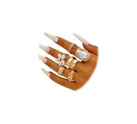 DZSYJKTM Chunky Gold Irregular Rings Stack Set for Women Statement Baroque Pearl Flower Stackable Knuckle Finger Ring Non Tarnish Boho Hammered Jewelry Gifts, Metal, No Gemstone