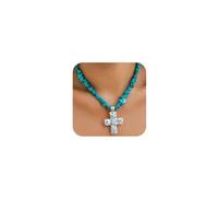 DZSYJKTM Statement Beaded Turquoise Silver Hammered Chunky Cross Pendant Necklaces for Women, Boho Gothic Green Red Black Irregular Stone Choker Necklace Jewelry, One Size, Metal, No Gemstone