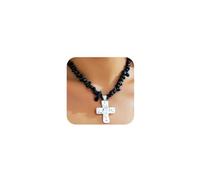 DZSYJKTM Statement Beaded Turquoise Silver Hammered Chunky Cross Pendant Necklaces for Women, Boho Gothic Green Red Black Irregular Stone Choker Necklace Jewelry, One Size, Metal, No Gemstone
