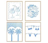 dzxnouart 4PCS Blue Beach Aesthetic Poster Preppy Coastal Canvas Wall art, Starfish Palm Tree Prints for Girly Room Dorm, Unframed (20x25cm)
