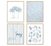 dzxnouart 4pcs Blue Trendy Coastal Beach Canvas Prints Seashell Palm Posters Preppy Aesthetic Pictures for Bedroom Dorm Apartment, Unframed (20x25cm)