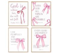 dzxnouart 4pcs Christian Wall Art Prints Coquette Pink Bow Canvas Posters, Cute Preppy Aesthetic Pictures for Bedroom Dorm Apartment, No Frame (21x30cm)