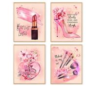 dzxnouart 4Pcs Pink Makeup Canvas Wall Art, Watercolor Perfume High Heels Lipstick Beauty Pictures for Girls Women Room Decor, No Frame (21x30cm)