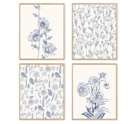 dzxnouart Set of 4 Blue Flower Wall Art Posters, Chinoiserie Floral Wall Decor, Wildflower Floral Canvas Prints for Living Room, Bedroom, Unframed (20x25cm)