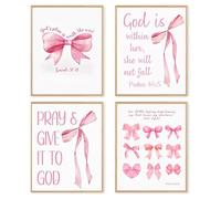 dzxnouart Set of 4 Inspirational Christian Verse Posters Pink Bow Wall Art Cute Preppy Aesthetic Coquette Pictures for Teen Girls, No Frame (40x60cm)