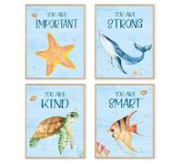 dzxnouart Set of 4 Sea Marine Life Art Print, Inspirational Words Wall Poster Watercolor Nursery Blue Ocean Theme Kids Room, No Frame (21x30cm)