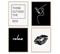 dzxnouart Set of 4 Trendy Vintage Black And White Kiss Lips Posters Funky Girly College Prints Painting For Bedroom Dorm, No Frame (30x40cm)