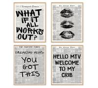 dzxnouart Set of 4 Vintage Black and White News Poster, White Kiss Lips Prints Painting Affirming Quote Pictures for Girl Dorm, No Frame (20x25cm)