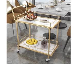 DZZTHSH 2/3-Tier Drinks Trolley Gold Bar Cart On Wheels Serving Bar Trolley With Lockable Casters Kitchen Living Room Storage Cart,Multi-Purpose Rack Wood& Metal Material