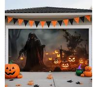 E,16 * 7ft/4.8 * 2.1m,Scary Halloween Garage Door Banner - Horror Movie Backdrop with Ghosts, Tombstones & Pumpkins - Creepy Outdoor Decor for Home, Party & Holiday