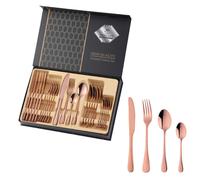 (E) 24PCS Gold Cutlery Dinner Set Stainless Steel Dishes Fork Spoon Knife Set Tableware Teaspoons Kitchen Dinnerware Set With Box