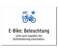 E-Bike: Lighting - Turn on Light even during the Day if Visibility. Aluminium Sign A5: 210 x 148 mm - With Graphics and Text