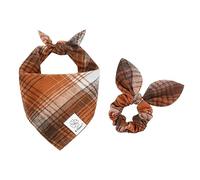 E-Clover Brown Plaid Dog Bandana & Matching Scrunchie-Fall Dog Bandana Triangle Plaid Pet Scarf Bib for Small Dogs Puppy Girl Boy Owner Gift