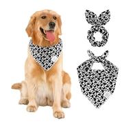 E-Clover Cow Print Dog Bandanas & Matching Scrunchie Set Fall Cowboys Theme Dog Scarf Bibs Pet Bandana with Bow Tie for Medium Large Dogs Owner Mom Black White