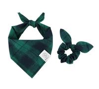 E-Clover Summer Dog Bandanas Boy & Matching Scrunchie Set Plaid Dog Bibs Scarf Triangle Kerchief Bandana for Medium Large Dogs Birthday Gifts Pet Owner Mom Green