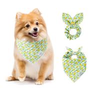 E-Clover Summer Lemon Dog Bandanas & Matching Scrunchie Set Green Stripe Dog Scarf Bibs Pet Bandana with Bow Tie for Small Dogs Puppy Owner Mom