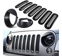E-cowlboy Front Grille Mesh Inserts & Headlight Cover for Jeep Wrangler JK JKU 2007~2017【Upgrade Matte Black Clip-on Version】
