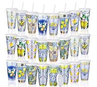 e esscopro 72 Pcs/24 Set Capri Lemon Plastic Cups with Lids and Straws 24 oz Blue Tiles Italian Lemon Mediterranean Mugs for Amalfi Coast Citrus Fruit Party Bridal Baby Shower Wedding Supplies