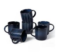 E-far 12 oz Coffee Mugs Set of 6, Stoneware Coffee Cups with Handle for Man Woman, Modern Ribbed Ceramic Tea Mugs for Latte Cocoa Milk, Microwave & Dishwasher Safe, Midnight Blue
