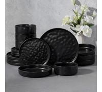 E-far 16-Piece Black Plates and Bowls Sets with Pasta Bowls - Stoneware Dinnerware Set for 4, Modern Ribbed Matte Black Kitchen Dishes, Microwave & Dishwasher Safe