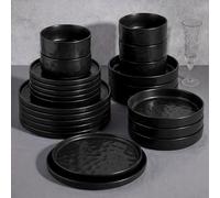 E-far 24-Piece Black Plates and Bowls Sets with Pasta Bowls - Stoneware Dinnerware Set for 6, Modern Ribbed Matte Black Kitchen Dishes, Microwave & Dishwasher Safe