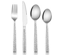 E-far 24-Piece Silverware Set, Hammered Stainless Steel Square Flatware Cutlery Set for 6, Tableware Set Eating Utensils for Home Kitchen Restaurant, Modern Design & Mirror Polished