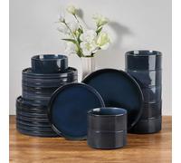 E-far 24-Piece Stoneware Dinnerware Sets, Plates and Bowls Sets for 8, Kitchen Dinning Porcelain Ribbed Dishes Set, Chip & Scratch Resistant, Dishwasher & Microwave Safe, Midnight Blue