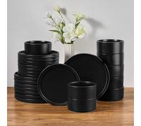 E-far 24-Piece Stoneware Dinnerware Sets, Plates and Bowls Sets for 8, Kitchen Dinning Porcelain Ribbed Dishes Set, Chip & Scratch Resistant, Dishwasher & Microwave Safe, Matte Black