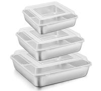 E-far 6/8/9-Inch Square Cake Pan with lid Set, Square Baking Brownie Pans Stainless Steel Bakeware Set of 3, Non-toxic & Healthy, Easy Clean & Dishwasher Safe - 6 Pieces(3 Pans + 3 Covers)