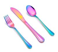E-far 6-Piece Kids Silverware, Stainless Steel Toddler Utensils Safe for Preschooler/Children, Includes 2 Forks 2 Spoons 2 Knife, Slimline Adult Look & Small Size, Rust Free & Dishwasher Safe-Rainbow