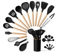 E-far Black Kitchen Utensils Set with Holder, 25-Piece Silicone Cooking Utensil Set with Wooden Handle for Nonstick Cookware, 446°F Heat Resistant Kitchen Tool Spatula Tongs Whisk, Non-toxic & Healthy