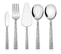 E-far Hammered Serving Utensils, 5-Piece Stainless Steel Square Hostess Serving Set for Buffet Party Kitchen Restaurant, Mirror Finished & Dishwasher Safe