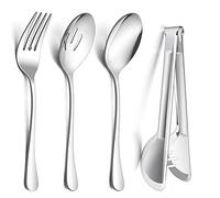 E-far Large Serving Utensils Set of 8, Stainless Steel 9.8 Inch Serving Spoons Slotted Spoon, 9.9 Inch Serving Fork, 9.4 Inch Serving Tong for Buffet Catering Banquet, Mirror Finish & Dishwasher Safe