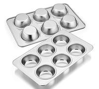 E-far Muffin Pan Set of 2, Stainless Steel Muffin Pan Tin for Baking, 6-Cup Metal Cupcake Pan Tray, Non-Toxic & Healthy, Oven & Dishwasher Safe, Regular Size - 11.44 x 7.12 x 1.25 inch