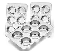 E-far Muffin Pan Set of 3, Stainless Steel Muffin Pan Tin for Baking, 6-Cup Metal Cupcake Pan Tray, Non-toxic & Healthy, Oven & Dishwasher Safe, Regular Size - 11.44 x 7.12 x 1.25 inch