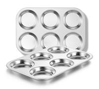 E-far Muffin Top Pan Set of 2, Stainless Steel 6-Cavity Hamburger Bun Pan for Baking Whoopie Pie, Yorkshire Pudding, Eggs, Moon Pie, Drop Cookies, Non-toxic & Standard Size, Oven & Dishwasher Safe