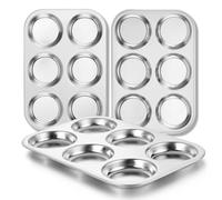 E-far Muffin Top Pan Set of 3, Stainless Steel 6-Cavity Hamburger Bun Pan for Baking Whoopie Pie, Yorkshire Pudding, Eggs, Moon Pie, Drop Cookies, Non-toxic & Standard Size, Oven & Dishwasher Safe