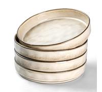 E-far Pasta Bowls Set of 4, 30oz Shallow Salad Bowls for Dinner Serving, 8.25" Stoneware Ceramic Bowl Plates for Noodle Soup, Microwave & Dishwasher Safe, Reactive Glaze, Khaki