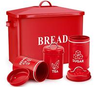 E-far Red Bread Box with Canister Sets for Kitchen Countertop, Metal Bread Bin Storage Container Holder for Modern Farmhouse Decor, Vintage Style & Extra Large - Holds 2+ Loaves Sugar Coffee Tea