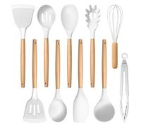 E-far Silicone Cooking Utensils Set, 446℉ Heat Resistant 10PCS Kitchen Utensils Set with Wooden Handle for Nonstick Cookware, Kitchen Tools Spatula Whisk Tongs Ladle, Non-toxic & Healthy, White