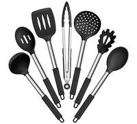 E-far Silicone Cooking Utensils Set, 7 Pcs Heat Resistant Kitchen Utensils with Stainless Steel Handle, Slotted Turner, Spoon, Soup Ladle, Pasta Server, Skimmer, Tongs for Nonstick Cookware, Black