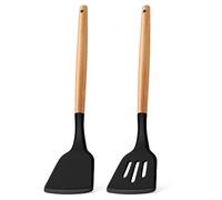 E-far Silicone Spatula Turner, 2 Pack Heat Resistant Kitchen Spatulas for Nonstick Cookware, Rubber Solid Slotted Spatula Cooking Utensils for Fish, Eggs, Pancakes (Black)