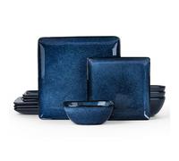 E-far Square Plates and Bowls Sets, 12-Piece Stoneware Dinnerware Sets for 4, Reactive Glaze Dish Set, Chip and Scratch Resistant, Microwave and Dishwasher Safe, Deep Sea Blue