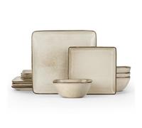 E-far Square Plates and Bowls Sets, 12-Piece Stoneware Dinnerware Sets for 4, Reactive Glaze Dish Set, Chip and Scratch Resistant, Microwave and Dishwasher Safe, Sandy Beige