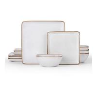 E-far Square Plates and Bowls Sets, 12-Piece Stoneware Dinnerware Sets for 4, Reactive Glaze Dish Set, Chip and Scratch Resistant, Microwave and Dishwasher Safe, Seashell White