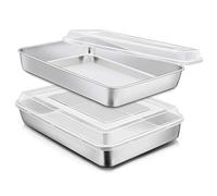 E-far Stainless Steel Baking Pan with Lid, 12⅓ x 9¾ x 2 Inch Rectangle Sheet Cake Pans with Covers Bakeware for Cakes Brownies Casseroles, Non-toxic & Healthy, Heavy Duty & Dishwasher Safe - Set of 2