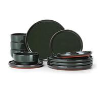 E-far Stoneware Dinnerware Sets for 4, 12 Pieces Reactive Glaze Plates and Bowls Sets, Elegant Dishes with Rustic Terracotta Base, Dishwasher & Microwave Safe, Scratch Resistant, Blackish Green